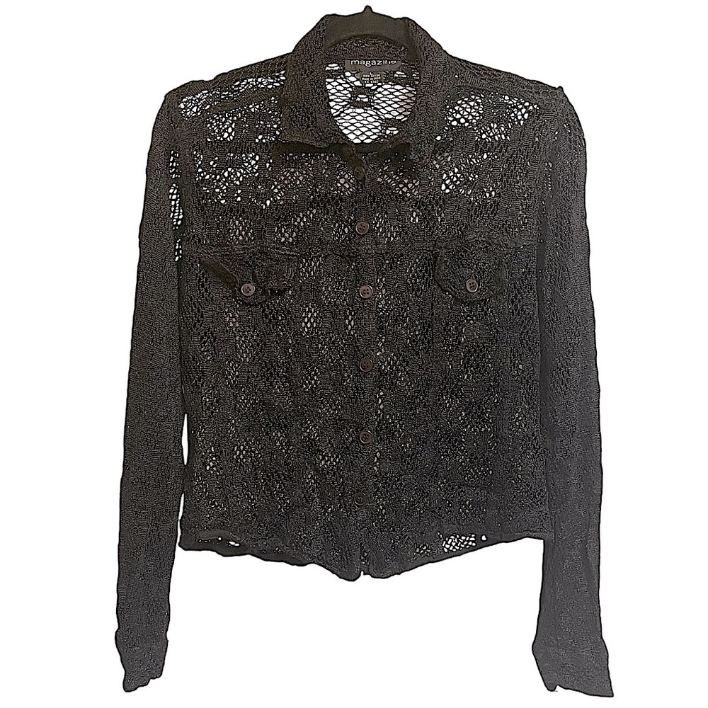 Magazine Black Crochet Long Sleeve Blouse Whimsigoth Grunge Goth Y2K 90s L